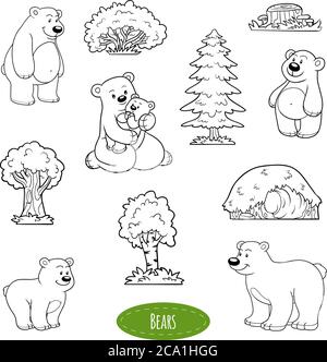 Ensemble noir et blanc d'animaux et d'objets mignons, famille d'ours Illustration de Vecteur