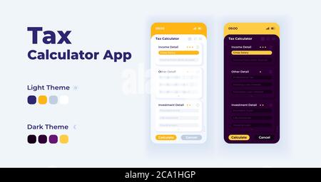 Jeu de modèles vectoriels d'interface pour smartphone de cartoon d'application de calcul de taxe. Page d'écran d'application mobile conception des modes jour et nuit. IU d'estimateur de taxe pour l'application Illustration de Vecteur