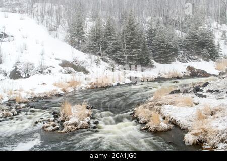 Junction Creek dans une tempête de neige au début du printemps, Grand Sudbury, Ontario, Canada Banque D'Images