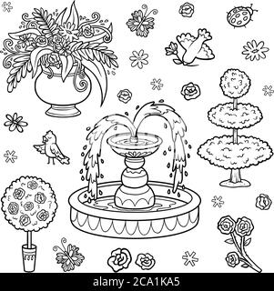 Ensemble d'objets noir et blanc du jardin royal. Fontaine de dessin animé vectoriel, fleurs, buissons pour une princesse Illustration de Vecteur