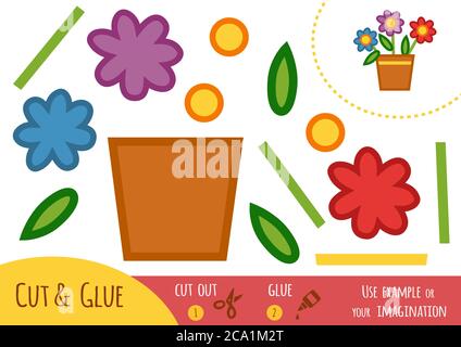 Jeu de papier d'éducation pour les enfants, fleurs dans un pot. Utilisez des ciseaux et de la colle pour créer l'image. Illustration de Vecteur
