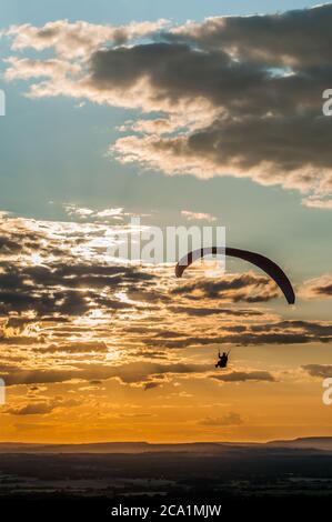 Devils Dyke, Brighton, Sussex, Royaume-Uni. 3 août 2020. Le vent du nord amène les pilotes de parapente dans les magnifiques Sussex Downs au nord de Brighton. Crédit : David Burr/Alay Live News Banque D'Images