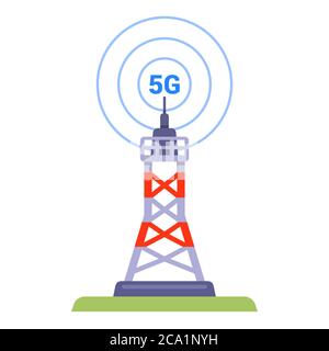 Tour 5G sur fond blanc. Internet haut débit d'une nouvelle génération. illustration vectorielle plate. Illustration de Vecteur