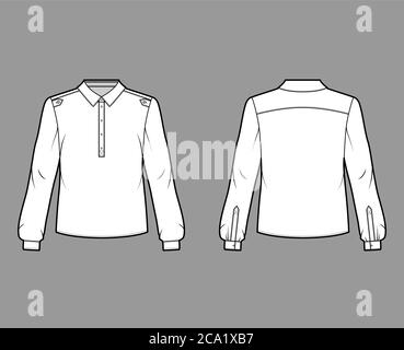 T-shirt Henley illustration technique de la mode avec patte boutonnée, épaulettes, style militaire classique, manches longues. Modèle de vêtement de blouse plate avant arrière de couleur blanche. Haut unisexe pour femmes et hommes Illustration de Vecteur