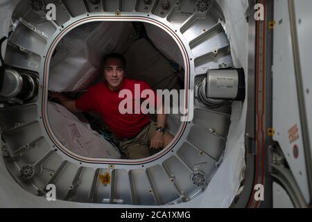 Le commandant de l'expédition 63 de la NASA, Chris Cassidy, récupère des filtres à charbon dans le module aérospatial expansible Bigelow à bord de la Station spatiale internationale le 16 juin 2020 à Earth Orbit. Banque D'Images