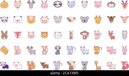 Adorable animaux dessins animés ligne et style de remplissage 50 Icon Set design, zoo vie nature et thème personnage illustration vectorielle Illustration de Vecteur