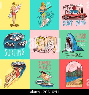 Badge surf, logo Vintage surfer. Wave rétro et paume. Jeu de broches été Californie. Homme sur la planche de surf, la plage et la mer. Emblème gravé à la main Illustration de Vecteur