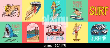 Badge surf, logo Vintage surfer. Wave rétro et paume. Jeu de broches été Californie. Homme sur la planche de surf, la plage et la mer. Emblème gravé à la main Illustration de Vecteur