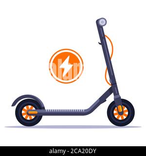 location de scooter électrique en ville. Connectez le chargeur à un véhicule écologique. Illustrations vectorielles plates. Illustration de Vecteur