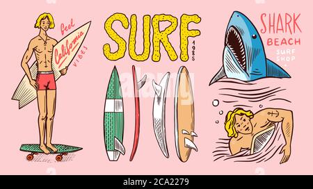 Badge Surf, logo Vintage Surfer. Épingles rétro Wave et été. Homme sur la planche de surf et le requin. Emblème gravé à la main. Bannière ou affiche. Sports à l'intérieur Illustration de Vecteur