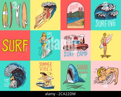 Badge surf, logo Vintage surfer. Wave rétro et paume. Jeu de broches été Californie. Homme sur la planche de surf, la plage et la mer. Emblème gravé à la main Illustration de Vecteur