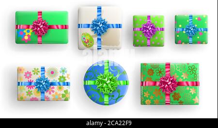 Ensemble de superbes boîtes-cadeaux réalistes avec arcs abd ombres sur fond blanc Illustration de Vecteur