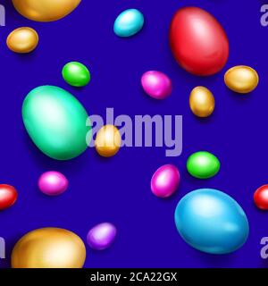 Motif sans couture d'œufs de Pâques aux couleurs réalistes avec ombres sur fond bleu Illustration de Vecteur