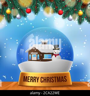 scène de noël maison boule à neige 3D avec fond bleu ciel et guirlande de feuilles de sapin et table en bois, parfait pour la décoration de fête Banque D'Images
