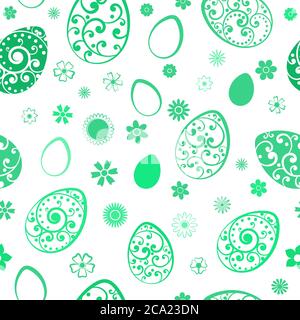 Motif sans couture d'œufs et de fleurs de Pâques, vert sur blanc Illustration de Vecteur
