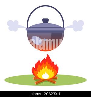 faire bouillir l'eau au-dessus d'un feu. faire cuire la soupe dans les bois. illustration vectorielle plate. Illustration de Vecteur