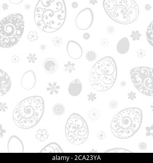 Motif sans couture d'œufs et de fleurs de Pâques, gris sur blanc Illustration de Vecteur