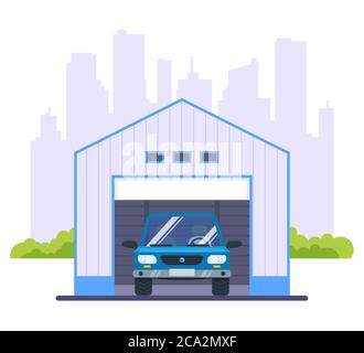 garage pour une voiture sur toile de fond de la ville. illustration vectorielle plate. Illustration de Vecteur