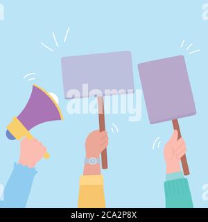 manifestation protestataires militants, mains levées avec le mégaphone et placards illustration vectorielle Illustration de Vecteur