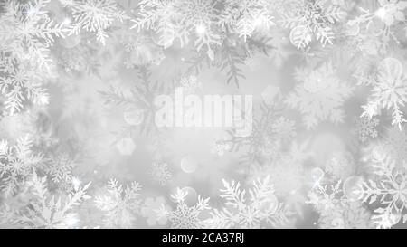 Illustration de Noël avec flocons de neige blancs flous, reflets et éclats sur fond gris Illustration de Vecteur