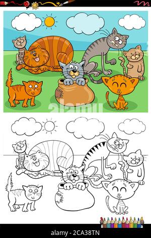 Dessin animé Illustration de chats drôle animaux personnages animaux page de livre de coloriage de groupe Illustration de Vecteur