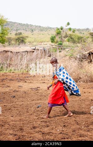 Femme de Maasai, portant une tenue traditionnelle, marchant dans un village de maasai. Réserve nationale de Maasai Mara. Kenya. Afrique. Banque D'Images