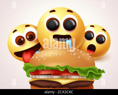 Smiley emojis affamé de dessin vectoriel de personnage de hamburger. Émotiji smileys de faim et d'expressions du visage affamés pour délicieux et délicieux hamburger. Illustration de Vecteur