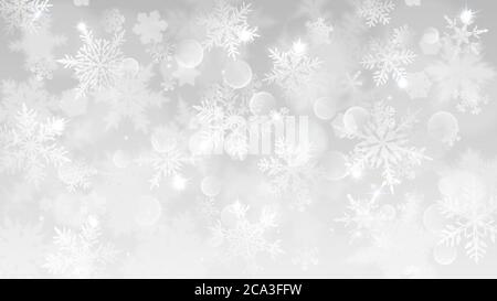 Illustration de Noël avec flocons de neige blancs flous, reflets et éclats sur fond gris Illustration de Vecteur