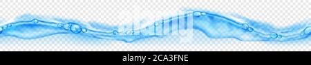Bannière horizontale sans couture avec vague d'eau translucide répétée horizontalement dans des couleurs bleu clair avec bulles d'air et gouttes, isolée sur transparent Illustration de Vecteur
