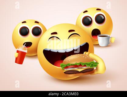 Smiley emoji manger fast food Burger vecteur personnage design. Émoticone smiley avec des expressions du visage heureux tout en mangeant des collations délicieuses comme le hamburger Illustration de Vecteur