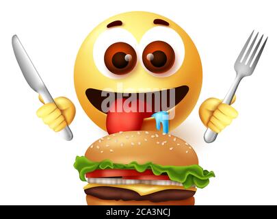 Emoji smiley mangeant hamburger personnage vector design. Smiley emoji affamé émoticône tout en tenant le couteau et la fourchette excités pour manger délicieux hamburger. Vecteur Illustration de Vecteur