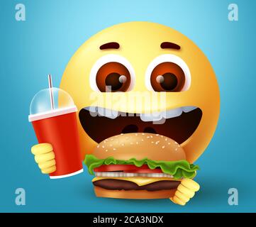 Emoji smiley heureux manger fast food Burger personnage de dessin vectoriel. Émoticône smiley avec une expression du visage heureuse et excitée tenant un hamburger délicieux Illustration de Vecteur