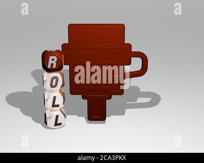 Représentation 3D du ROULEAU avec icône sur le mur et texte disposé par des lettres cubes métalliques sur un sol miroir pour la signification du concept et la présentation du diaporama. Arrière-plan et illustration Banque D'Images