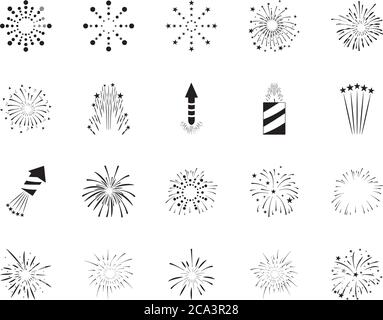 jeu d'icônes d'étoiles feux d'artifice explosions sur fond blanc, style de silhouette, illustration vectorielle Illustration de Vecteur