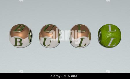 mots croisés de BULL disposés par des lettres cubes sur un fond miroir, signification et présentation du concept. Animal et illustration. Illustration 3D Banque D'Images
