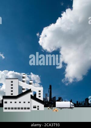 Bâtiment d'usine moderne avec ligne d'horizon de ville à silhouettes génériques, situé contre un ciel bleu nuageux Banque D'Images