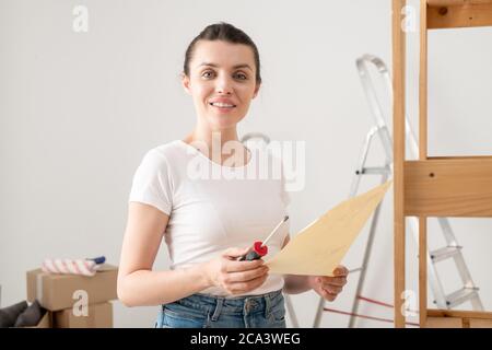 Portrait d'une jeune femme souriante, attrayante, tenant un tournevis et assemblant des meubles selon les instructions Banque D'Images