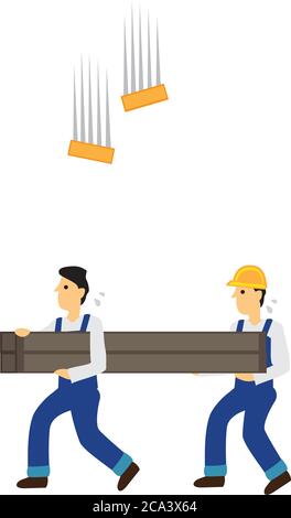 Le travailleur de la construction a des briques tomber sur lui sans son casque. Concept d'accident de travail. Dessin animé d'illustration à vecteur plat. Illustration de Vecteur