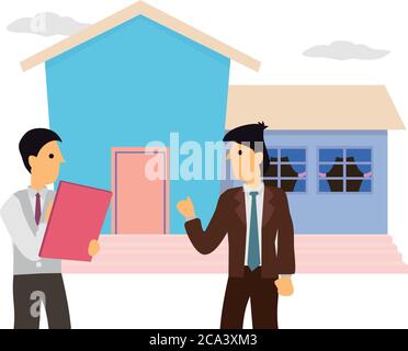 Agent immobilier montrant une nouvelle maison à l'homme adulte. Illustration vectorielle de dessin animé plate isolée sur un fond blanc. Illustration de Vecteur