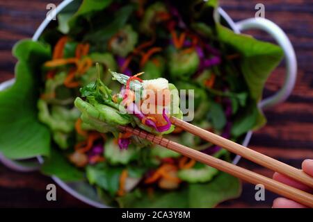 salade de melon amer au chou violet, carotte, pain frit, cacahuète au basilic, mélange de légumes aigre pour la cuisine végétalienne, plat de régime pour une alimentation saine Banque D'Images