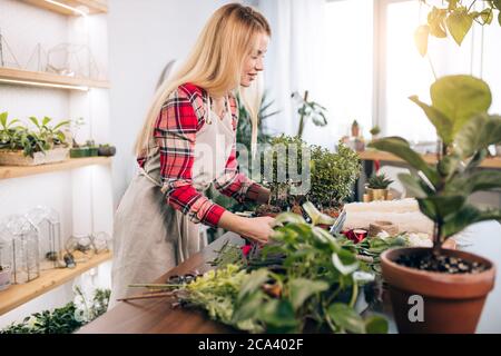 femme fleuriste composant et créant un merveilleux bouquet de fleurs, aimez travailler dans son propre magasin ou jardin. concept floral d'affaires Banque D'Images