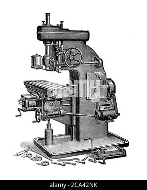 Gravure ancienne, fraiseuse. Le fraisage est le processus d'utilisation de fraises rotatives pour une grande variété d'opérations différentes afin d'éliminer le matériau en faisant avancer une fraise dans une pièce à usiner avec des tolérances précises. Banque D'Images