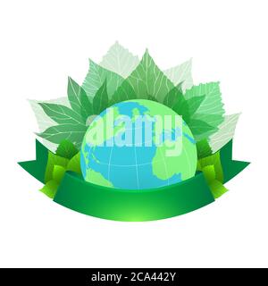 Illustration vectorielle de la planète Terre avec des feuilles et un ruban vert pour le texte. Elément vectoriel pour votre conception Illustration de Vecteur