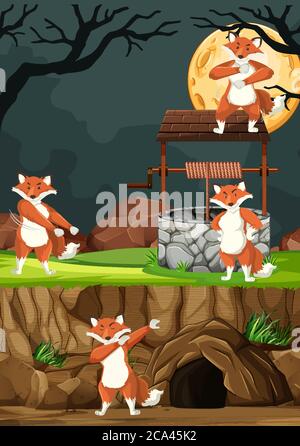 Groupe de renards sauvages dans beaucoup de poses dans le style de dessin animé de parc animal sur l'illustration de fond de nuit Illustration de Vecteur