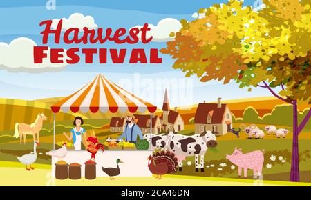 Harvest Festival Farmer famille vendre produits de récolte épicerie sur Eco Farm Organic. Vue sur la campagne animaux de ferme oie, dinde, canard, vache. Maison et Illustration de Vecteur