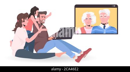 jeune famille ayant une réunion virtuelle avec les grands-parents pendant un appel vidéo chat en ligne conférence communication concept pleine longueur horizontale vecteur illustration Illustration de Vecteur