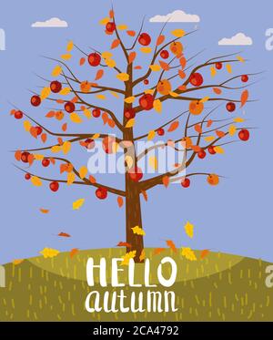 Bonjour automne lettering Apple Tree chute automne feuilles automne paysage automne. Illustration vectorielle modèle de distributeur d'affiches isolé Illustration de Vecteur