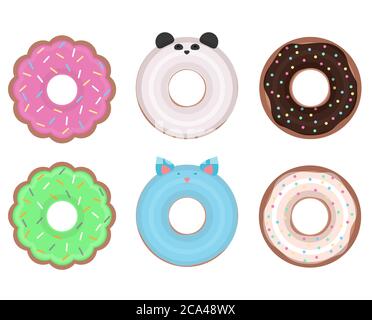 Ensemble de donuts vectoriels différents. Illustration plate. Beignets aux fleurs, beignets aux animaux, beignets classiques Illustration de Vecteur