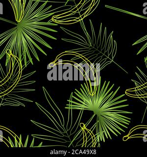 Imprimé été de plantes exotiques jungle feuilles de palmier tropical. Banane. Motif, motif floral sans couture sur fond noir.papier peint nature. Tendance Illustration de Vecteur
