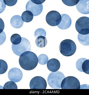 Motif à pois bleu marine indigo aquarelle sans couture. Arrière-plan aquarelle abstrait avec cercles de couleur sur blanc. Texture en forme de rond dessinée à la main. Banque D'Images